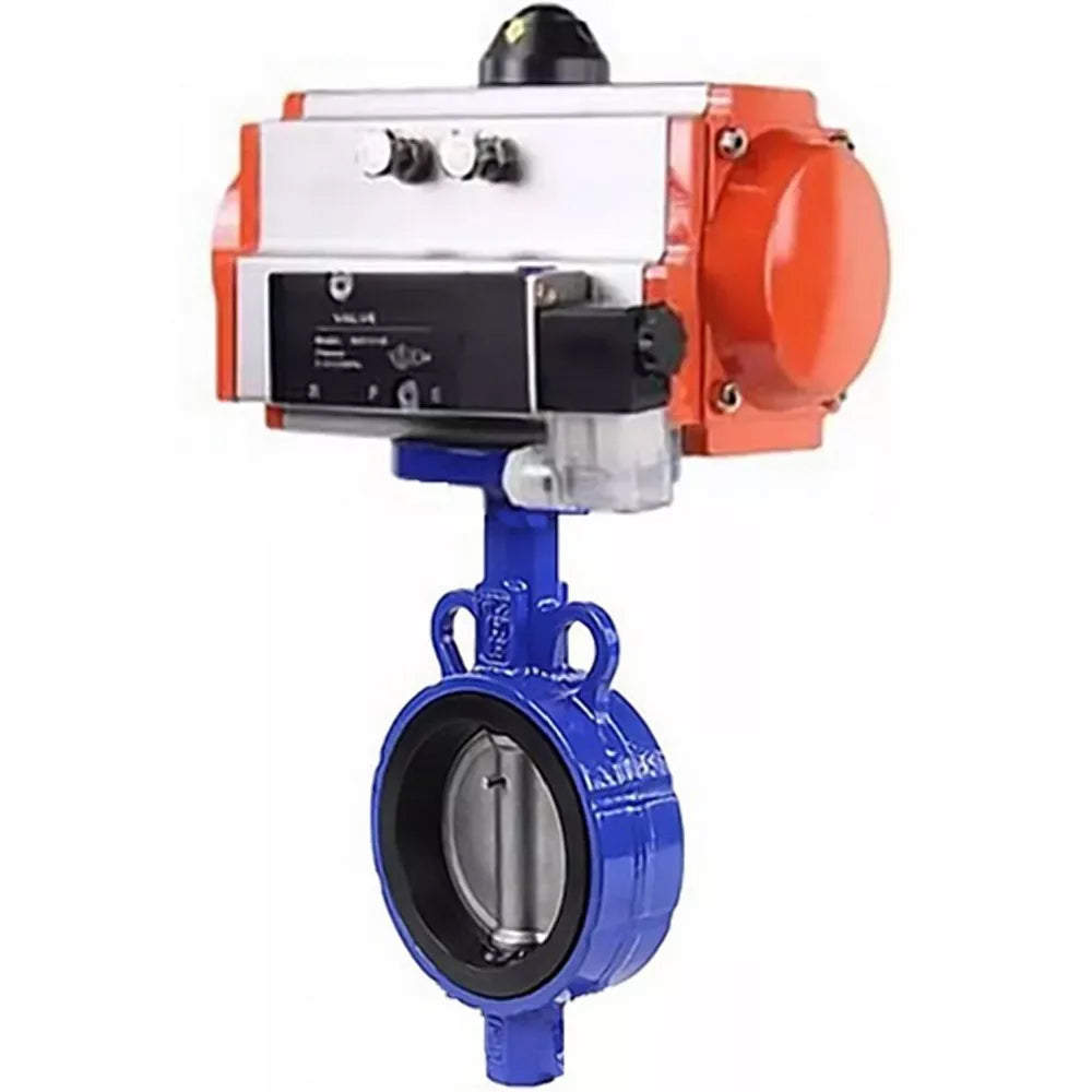 Vanne papillon d'eau Elephant WBV1432N-2W-Fb-H, matériau du corps - fonte GGG50, matériau du disque - acier inoxydable AISI 316L, joint - NBR, avec actionneur pneumatique double effet PA-DA, 4V320-08 220V