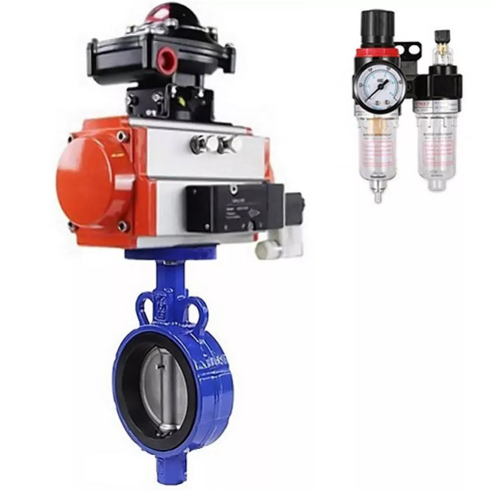 Water Butterfly Valve Elephant WBV0232E-2W-Fb-H, body material - aluminum alloy, disk material - stainless steel AISI 316L, seal - EPDM, with pneumatic actuator with return springs PA-SA-083, 4V320-08 220V, LSU APL-410N EX, ATU AFC2000
