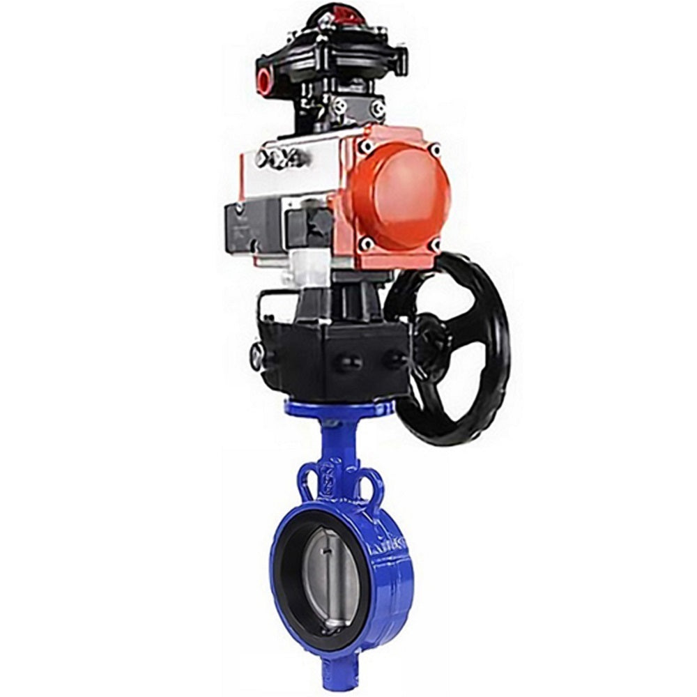 Water butterfly valve Elephant AL-316L-EPDM body material - Aluminium alloy, disk material - stainless steel 316L, seal - EPDM with pneumatic actuator DA, pneumatic distributor 4M310-08 24V, limit switch block APL-410N EX and manual doubler HDM