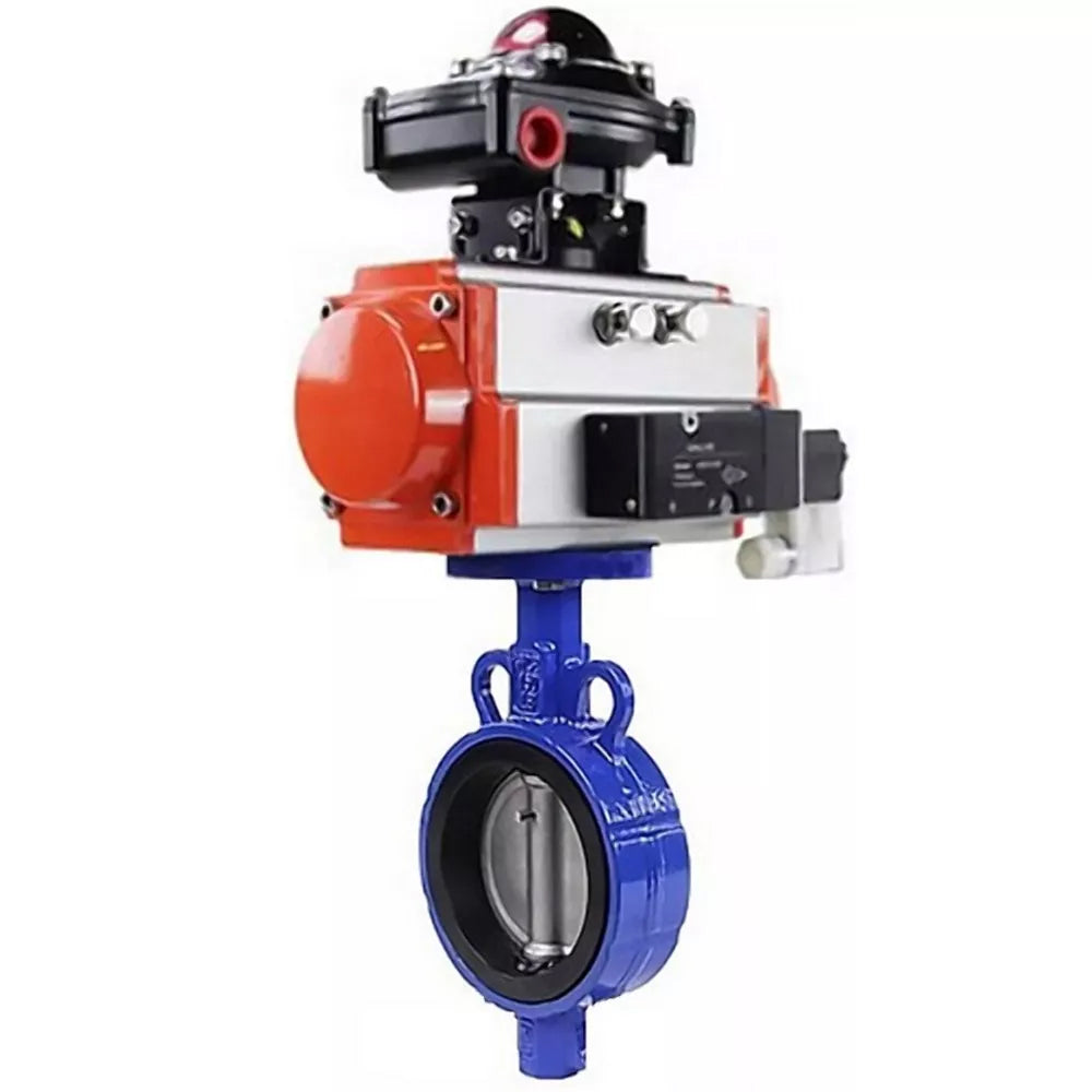 Vanne papillon d'eau Elephant WBV1432N-2W-Fb-H, matériau du corps - fonte GGG50, matériau du disque - acier inoxydable AISI 316L, joint - NBR, avec actionneur pneumatique double effet PA-DA, 4V320-10 220V, BKV APL-210N