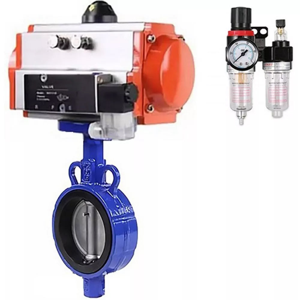 Vanne papillon d'eau Elephant WBV1432N-2W-Fb-H, matériau du corps - fonte GGG50, matériau du disque - acier inoxydable AISI 316L, joint - NBR, avec actionneur pneumatique double effet PA-DA, 4V320-08 220V, BPV AFC2000