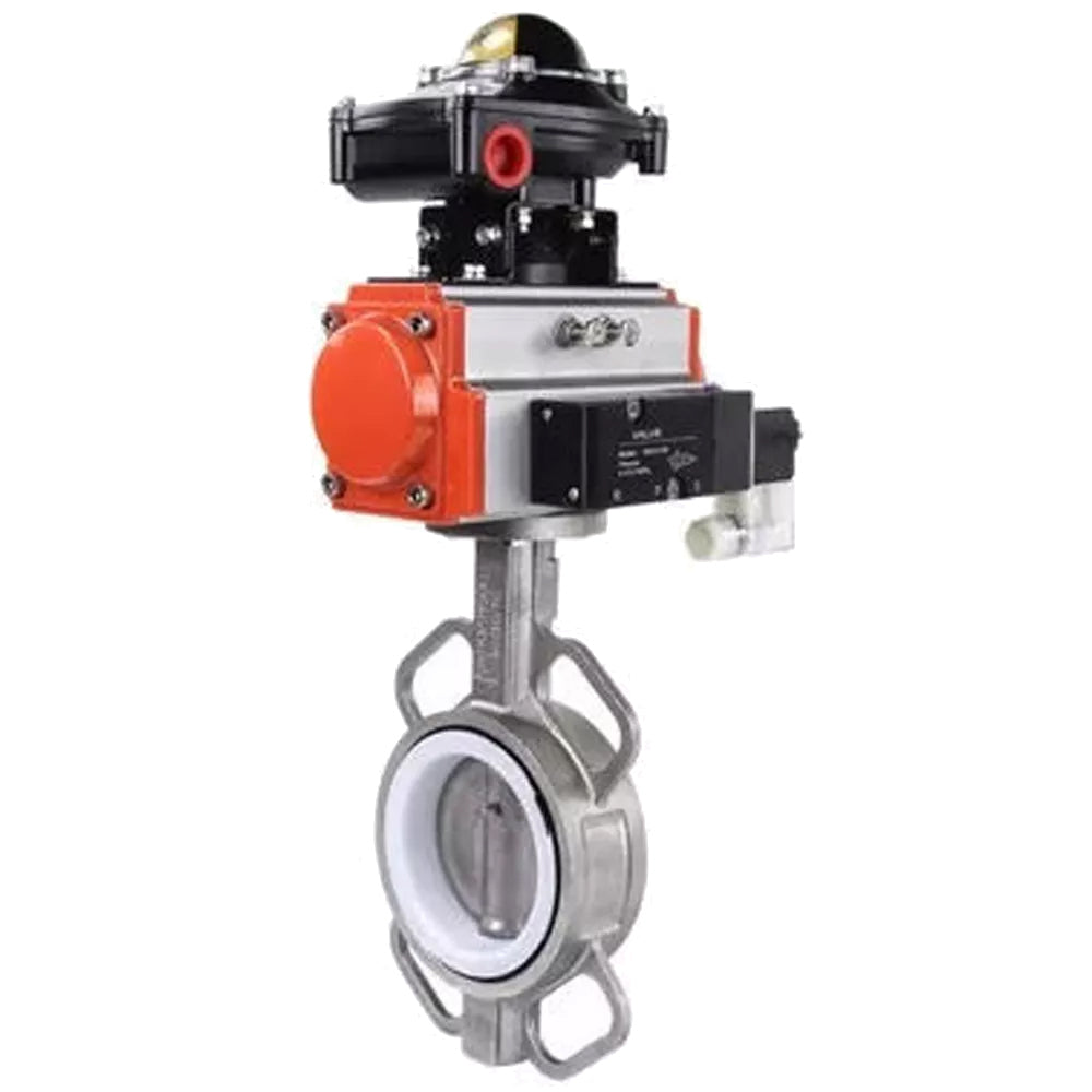 Water butterfly valve Elephant 316L-316L-PTFE body material - stainless steel aisi 316l, disk material - stainless steel AISI 316L, seal - PTFE with double-acting pneumatic actuator Elephant DA and pneumatic distributor 4M310-08 220V and limit switch
