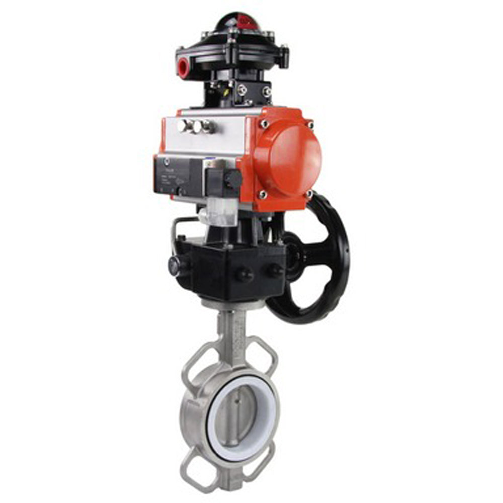 Water butterfly valve Elephant 316L-316L-PTFE body material - stainless steel aisi 316l, disk material - stainless steel AISI 316L, seal - PTFE with pneumatic actuator Elephant DA, with pneumatic distributor 4M310-08 220V, limit switch block APL-410N EX
