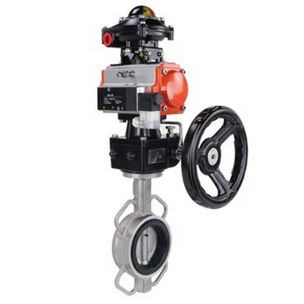 Vanne papillon d'eau Elephant 316L-316L-VITON matériau du corps - acier inoxydable aisi 316l, matériau du disque - acier inoxydable AISI 316L, joint - Viton avec actionneur pneumatique Elephant DA, bloc de fin de course APL-410N EX et doubleur manuel HDM