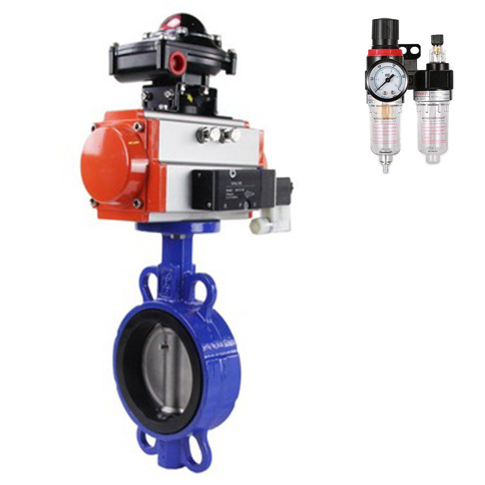 Water butterfly valve Elephant GGG50-316L-EPDM body material - cast iron GGG50, disk material - stainless steel 316L, seal - EPDM with pneumatic actuator with return springs Elephant DA, pneumatic distributor 4M310-08 24V, air filter regulator AFC2000