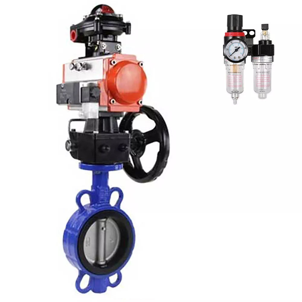 Vanne papillon d'eau Elephant WBV3432N-2W-Fb-H, matériau du corps - acier au carbone, matériau du disque - acier inoxydable AISI 316L, joint - NBR, avec actionneur pneumatique double effet PA-DA, 4V320-08 220V, volant MON, BKV APL-510N-EX, BPV AFC2000