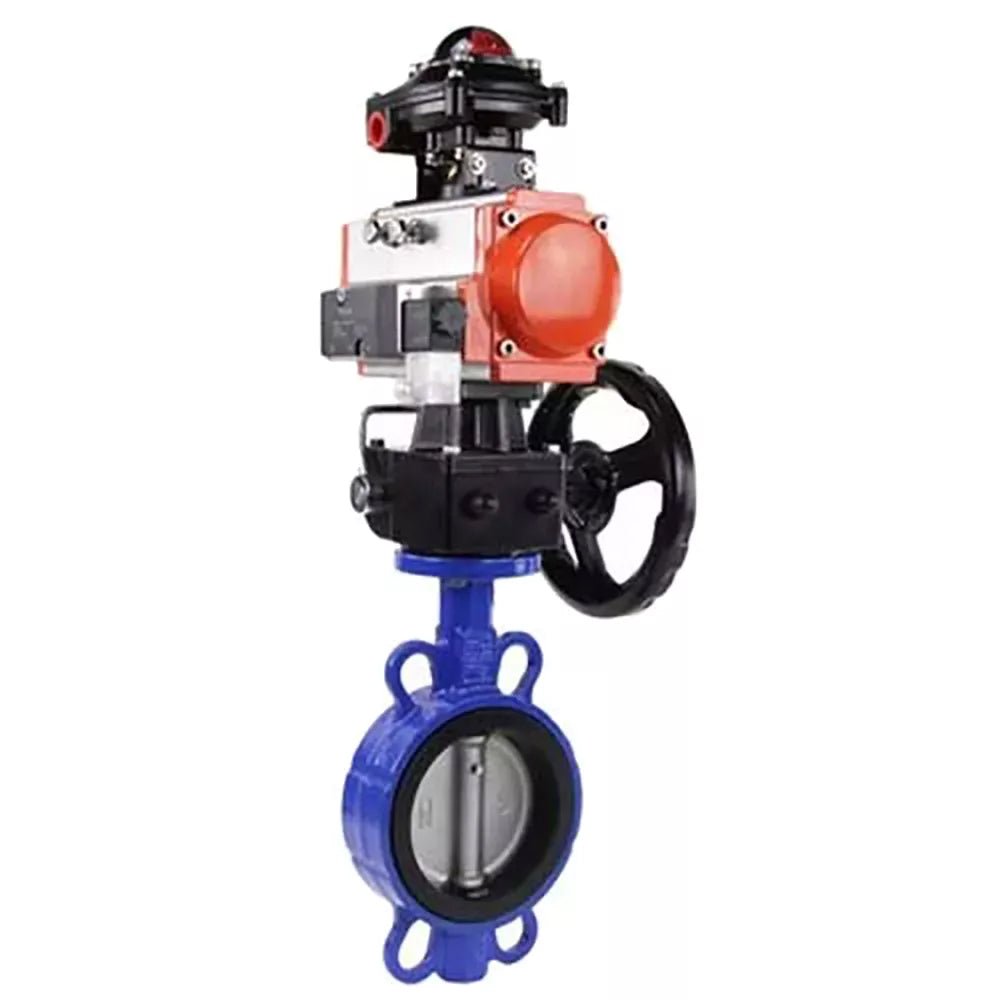 Vanne papillon d'eau Elephant WBV3232E-2W-Fb-H, matériau du corps - acier inoxydable AISI 316L, matériau du disque - acier inoxydable AISI 316L, joint - EPDM, avec actionneur pneumatique double effet PA-DA, 4M310-08 220V, volant MON, BKV APL-510N-EX