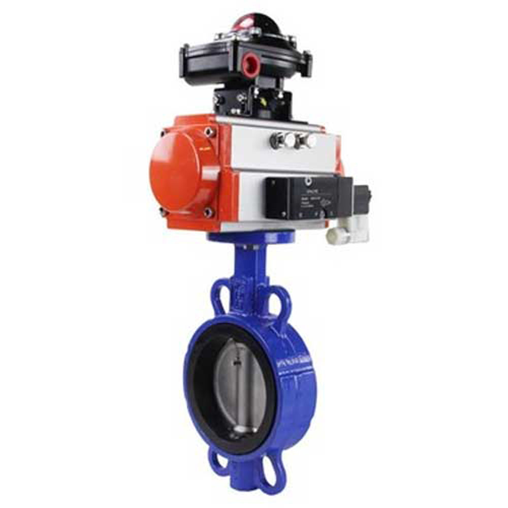 Vanne papillon d'eau Elephant WCB-316L-VITON matériau du corps - Acier au carbone WCB, matériau du disque - Acier inoxydable aisi 316l, joint - Viton avec actionneur pneumatique Elephant SA et bloc d'interrupteur de fin de course APL-410N EX