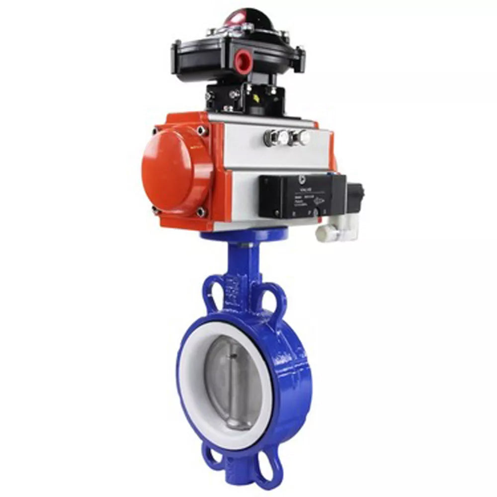 Vanne papillon d'eau Elephant WBV3432P-2W-Fb-H, matériau du corps - acier au carbone, matériau du disque - acier inoxydable AISI 316L, joint - PTFE, avec actionneur pneumatique double action PA-DA, 4V320-10 220V, BKV APL-210N