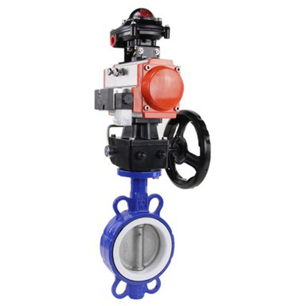 Water Butterfly Valve Elephant WCB-316L-PTFE body material - Carbon steel WCB, disk material - Stainless steel AISI 316L, seal - PTFE with pneumatic actuator Elephant DA, pneumatic distributor 4M310-08 220V, limit switch block APL-410N EX and manual