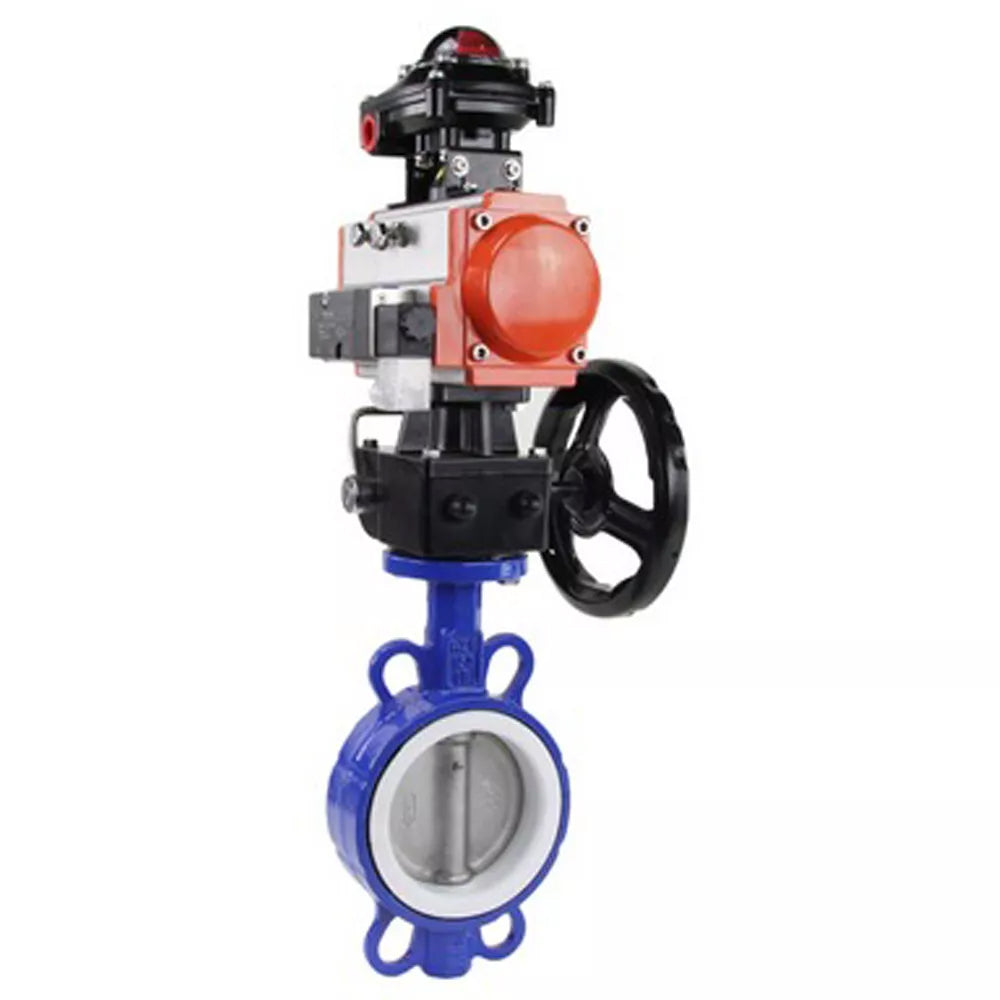 Vanne papillon d'eau Elephant WBV3432P-2W-Fb-H, matériau du corps - acier au carbone, matériau du disque - acier inoxydable AISI 316L, joint - PTFE, avec actionneur pneumatique double effet PA-DA, 4V320-08 220V, volant MON, BKV APL-410N EX