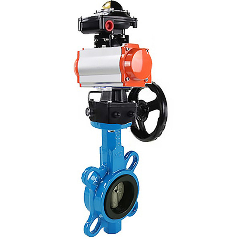 Vanne papillon à eau Elephant GG25-316L-NBR matériau du corps - fonte GG25, matériau du disque - acier inoxydable 316L, joint - NBR avec actionneur pneumatique DA, bloc de fin de course APL-410N EX et doubleur manuel HDM