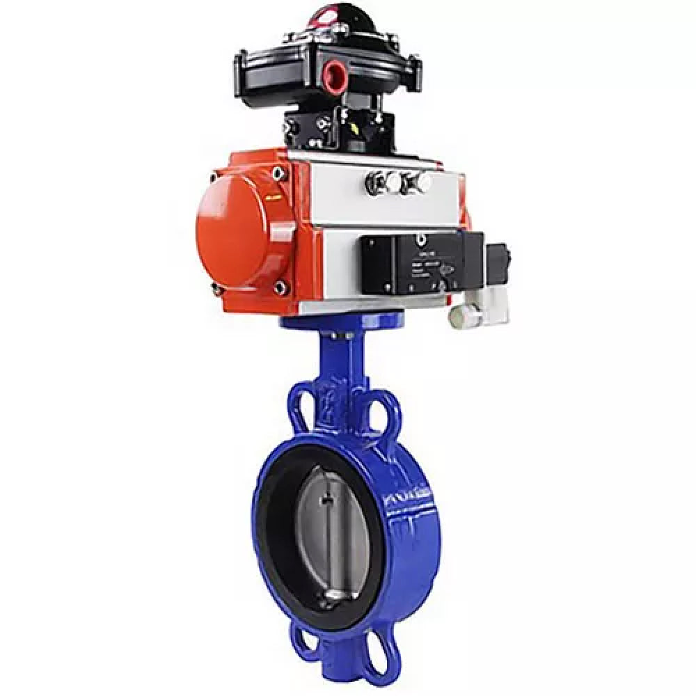 Vanne papillon d'eau Elephant WBV3432E-2W-Fb-H, matériau du corps - acier au carbone, matériau du disque - acier inoxydable AISI 316L, joint - EPDM, avec actionneur pneumatique avec ressorts de rappel PA-SA, 4V320-08 220V, BKV APL-210N