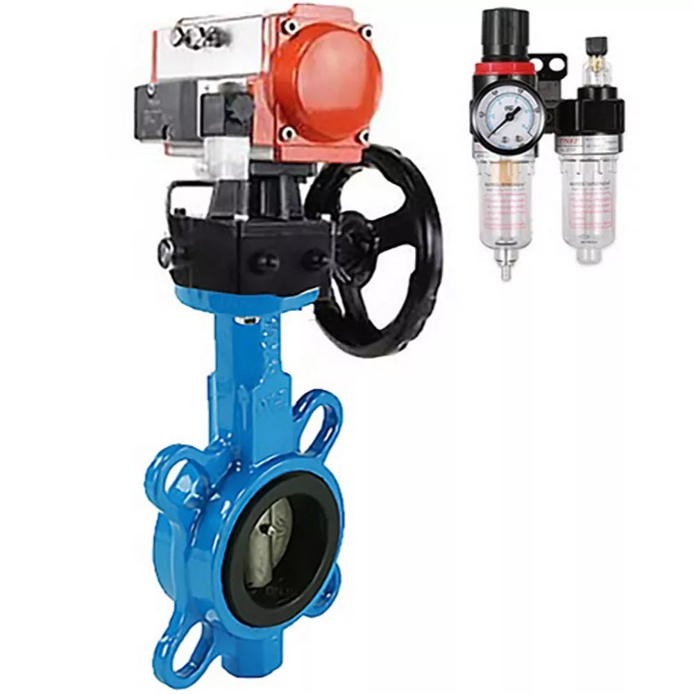 Vanne papillon d'eau Elephant WBV1432N-2W-Fb-H, matériau du corps - fonte GGG50, matériau du disque - acier inoxydable AISI 316L, joint - NBR, avec actionneur pneumatique double effet PA-DA, 4V320-08 220V, volant MON, BPV AFC2000