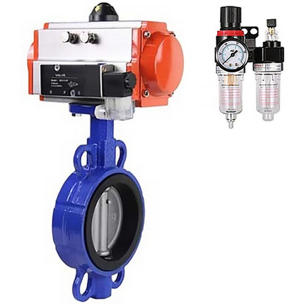 Water Butterfly Valve Elephant WBV1332N-2W-Fb-H body material - Cast iron GGG50, disk material - Stainless steel 316L, seal - NBR with pneumatic actuator with return springs SA, pneumatic distributor 4M310-08 220V and air filter regulator AFC2000
