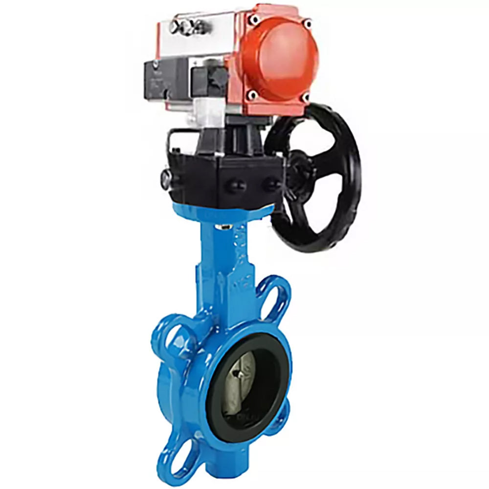 Vanne papillon d'eau Elephant WBV1616N-2W-Fb-H, matériau du corps - fonte QT450, matériau du disque - fonte QT450, joint - NBR, avec actionneur pneumatique double effet PA-DA, volant MON