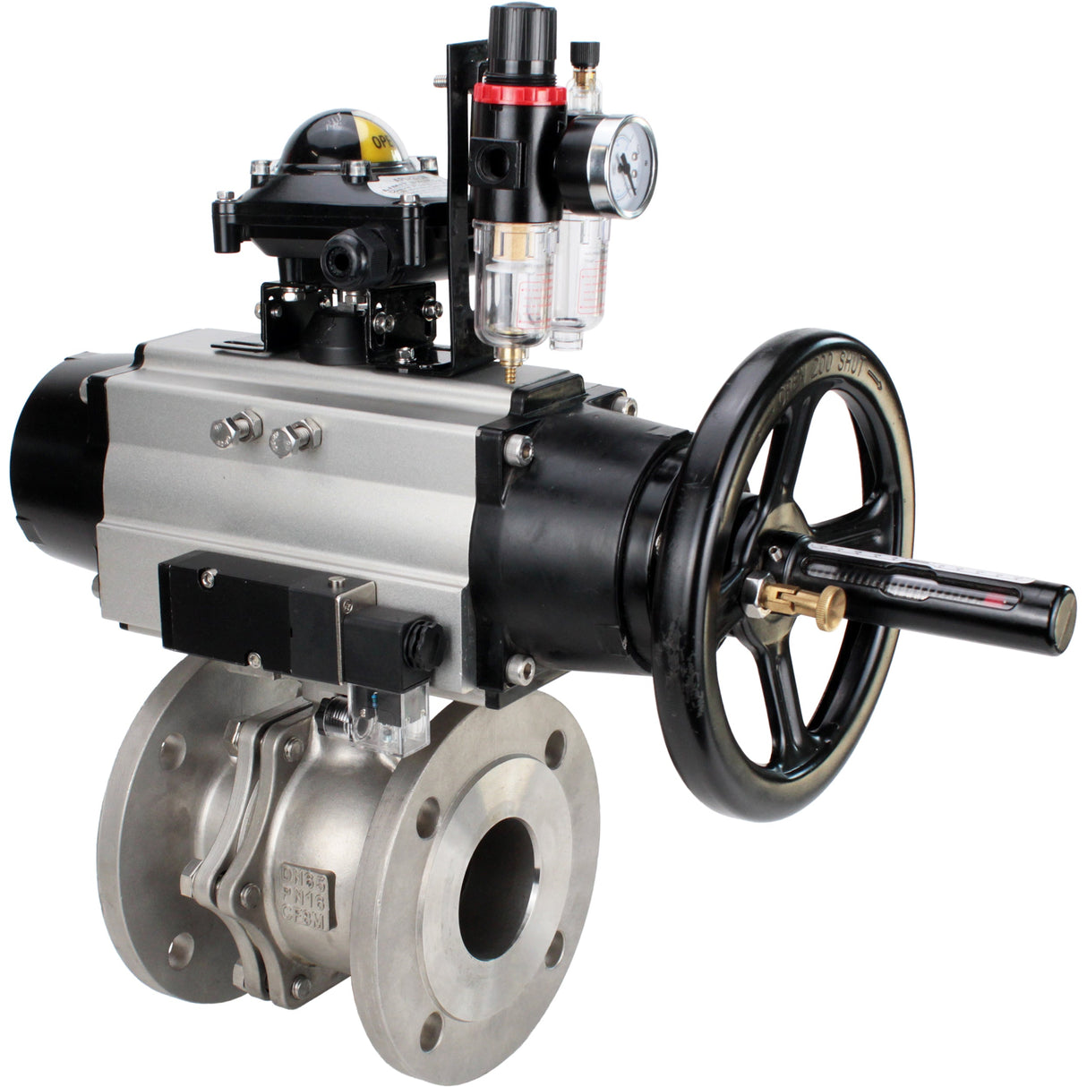 Ball valves Elephant BV3232P(2pc)-FP-F-ISO-H DN80-100 16 bar, full bore flanged, stainless steel SS316, seal - PTFE, with pneumatic actuator PA-DA-105-1 double acting, with pneumatic distributor 4M310-08 220V , with LSU APL-210N, with ATU AFC2000