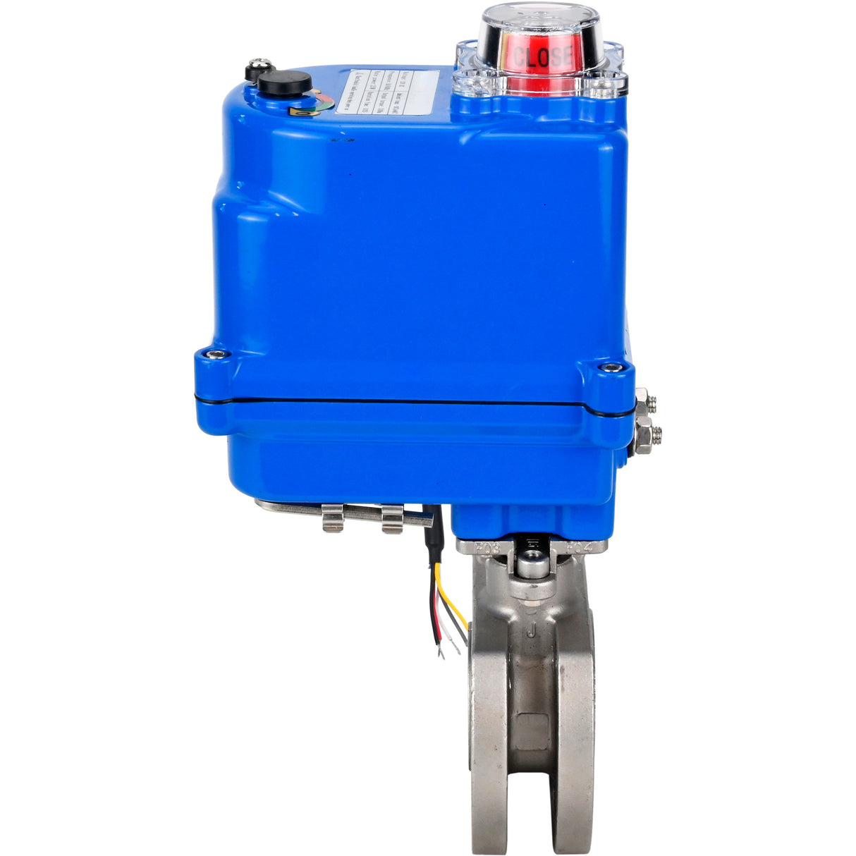 Robinet à boisseau sphérique en acier inoxydable Elephant BV3232P-FP-Fb PSI232, matériau du corps - acier inoxydable AISI 316, joint - PTFE, passage intégral, bride compacte, actionneur électrique Elephant 003 bleu 24 V