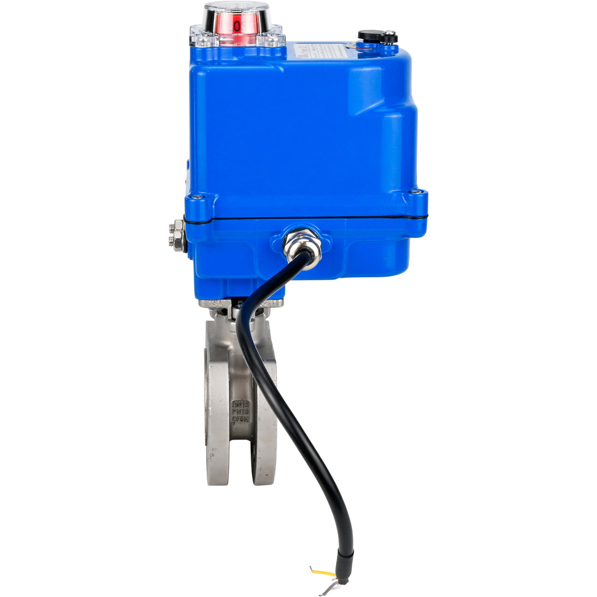 Robinet à boisseau sphérique en acier inoxydable Elephant BV3232P-FP-Fb PSI232, matériau du corps - acier inoxydable AISI 316, joint - PTFE, passage intégral, bride compacte, actionneur électrique Elephant 003 bleu 24 V
