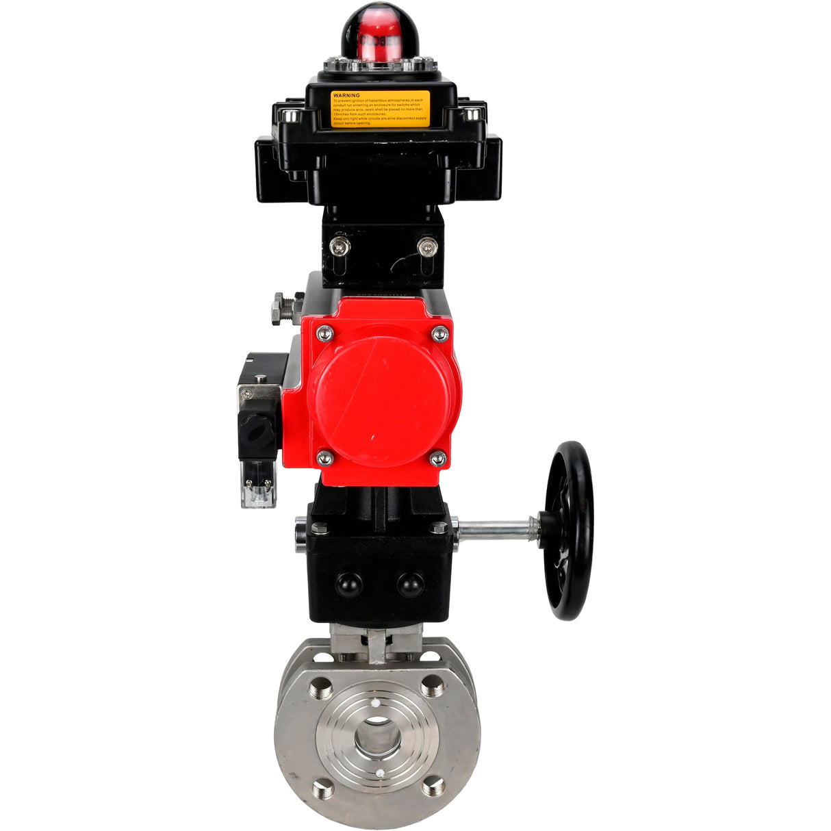 Stainless steel ball valve Elephant BVсFP.316.200 16 bar, full port, compact flanged, pneumatic actuator Elephant DA double acting, manual override HDM, pneumatic distributor 4M310-08 220 V, limit switch block APL-410N EX