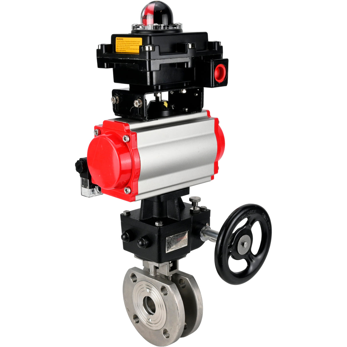 Stainless steel ball valve Elephant BVсFP.316.200 16 bar, full port, compact flanged, pneumatic actuator Elephant DA double acting, manual override HDM, pneumatic distributor 4M310-08 220 V, limit switch block APL-410N EX