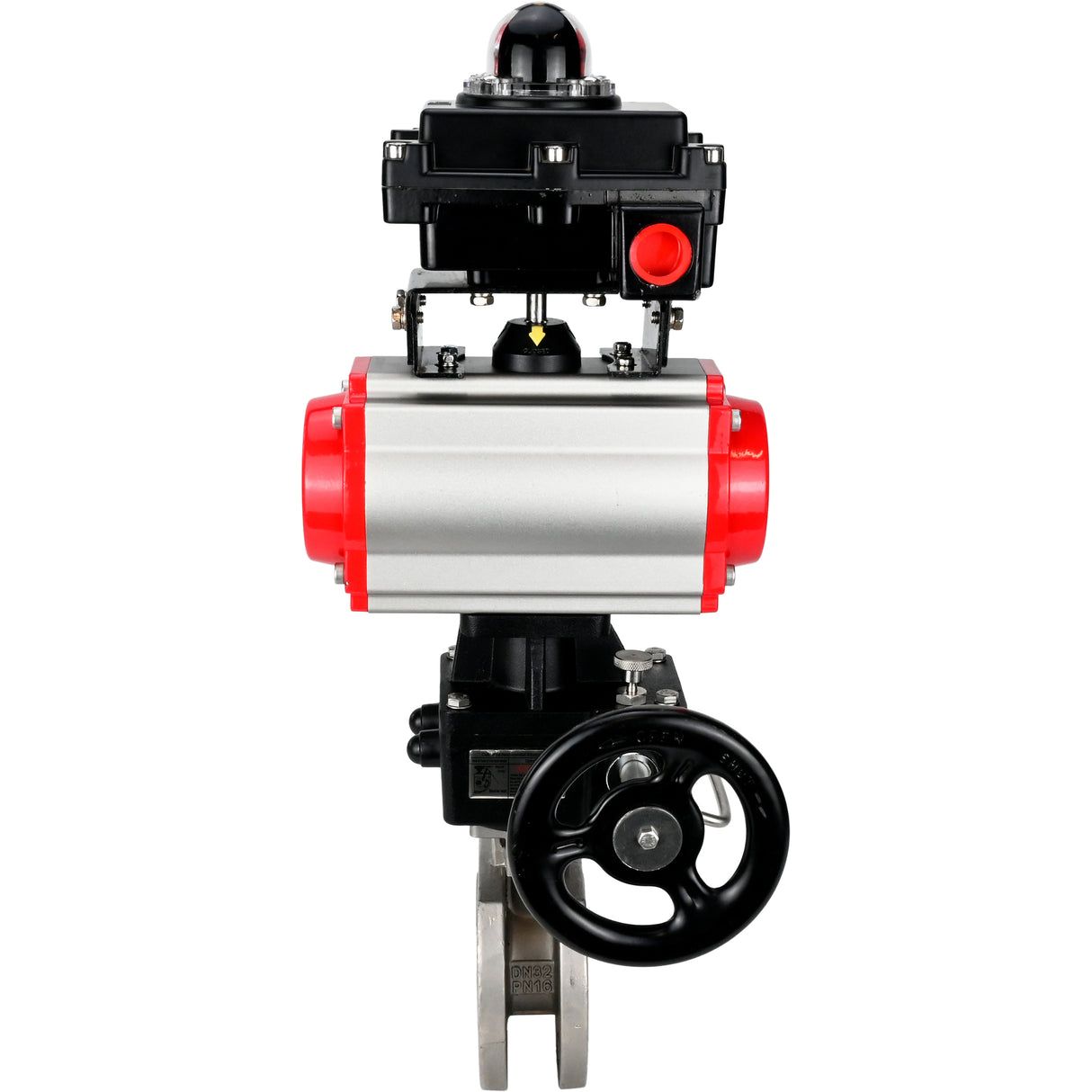 Stainless steel ball valve Elephant BVсFP.316.200 16 bar, full port, compact flanged, pneumatic actuator Elephant DA double acting, manual override HDM, pneumatic distributor 4M310-08 220 V, limit switch block APL-410N EX
