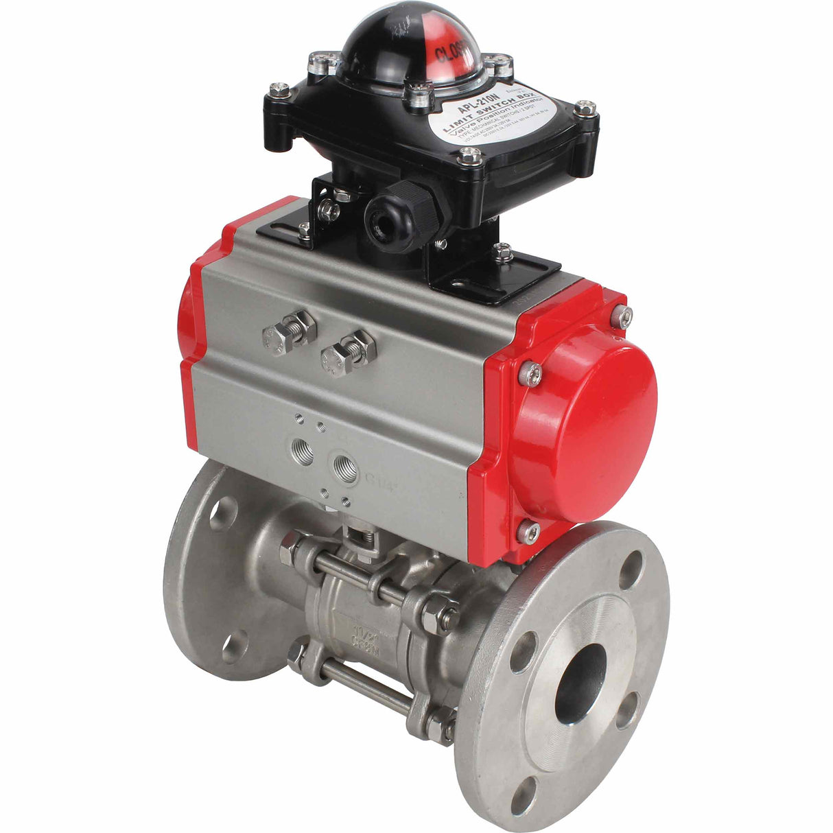 Robinet à boisseau sphérique en acier inoxydable Elephant ksfpt-304-180-sa-apl210n, matériau du corps - acier inoxydable AISI 304, matériau de la bille - acier inoxydable AISI 304, joint - PTFE, actionné par actionneur pneumatique