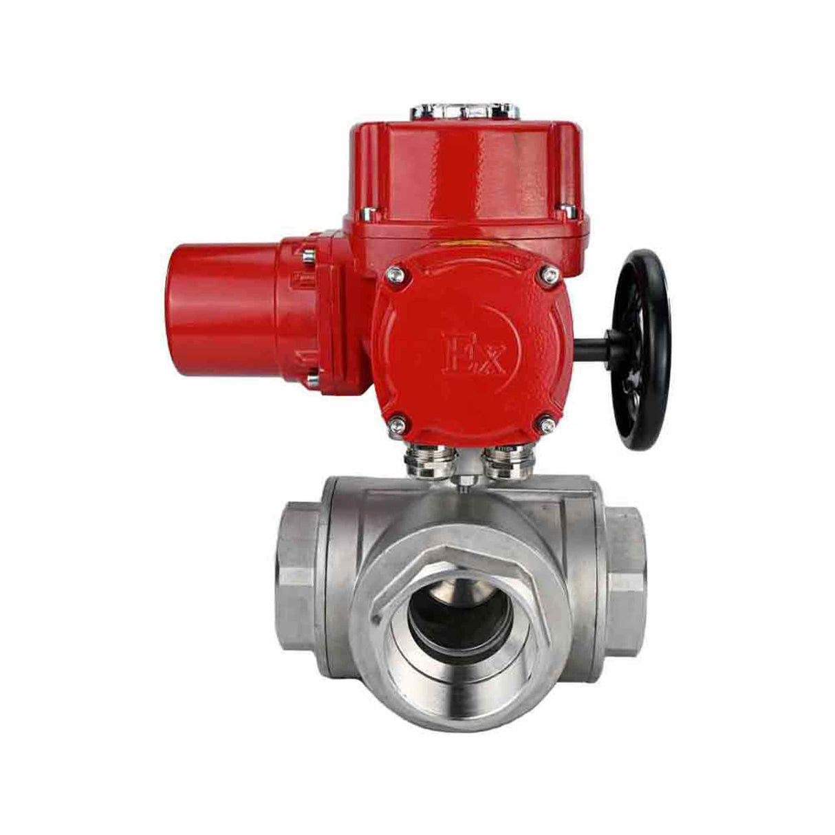 Robinet à boisseau sphérique en acier inoxydable Elephant RP.SS316.200.MM.ISO 914 PSI fileté, port standard, trois voies, type L, matériau du corps - acier inoxydable AISI 316, avec actionneur électrique quart de tour Elephant QT-W (M) EX 380V