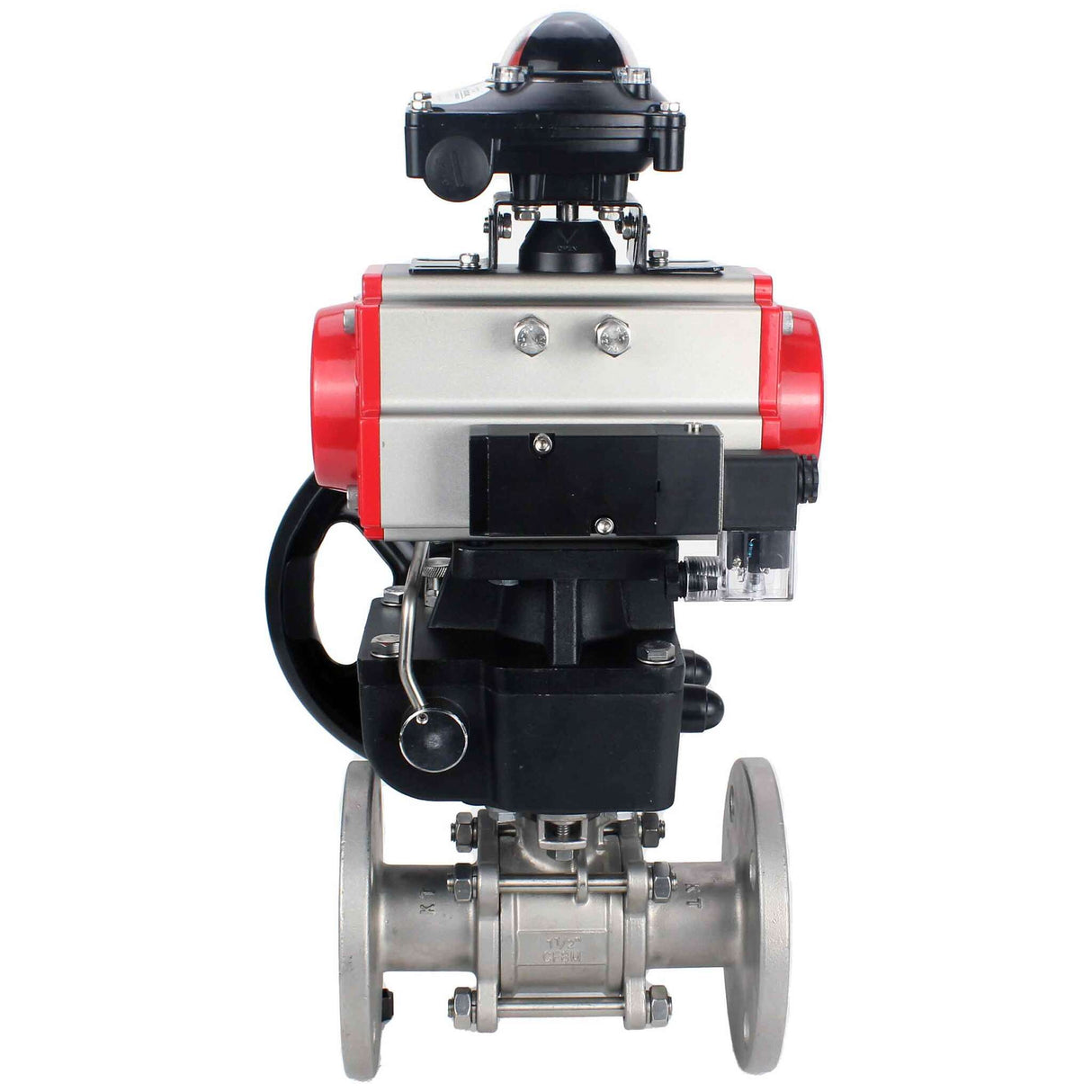 Robinet à boisseau sphérique en acier inoxydable Elephant ksfpt-316-180-da-4m310-24v-apl210n-hdm, matériau du corps - acier inoxydable AISI 316, matériau de la bille - acier inoxydable AISI 316, joint - PTFE, actionné par actionneur pneumatique