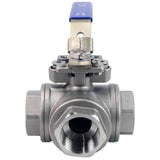 Vanne à boisseau sphérique 3 voies en acier inoxydable, port standard fileté de type L Elephant BV3232P (4 pièces)-SP-3WL-T-ISO-H PN63 avec support de montage ISO 5211 et poignée
