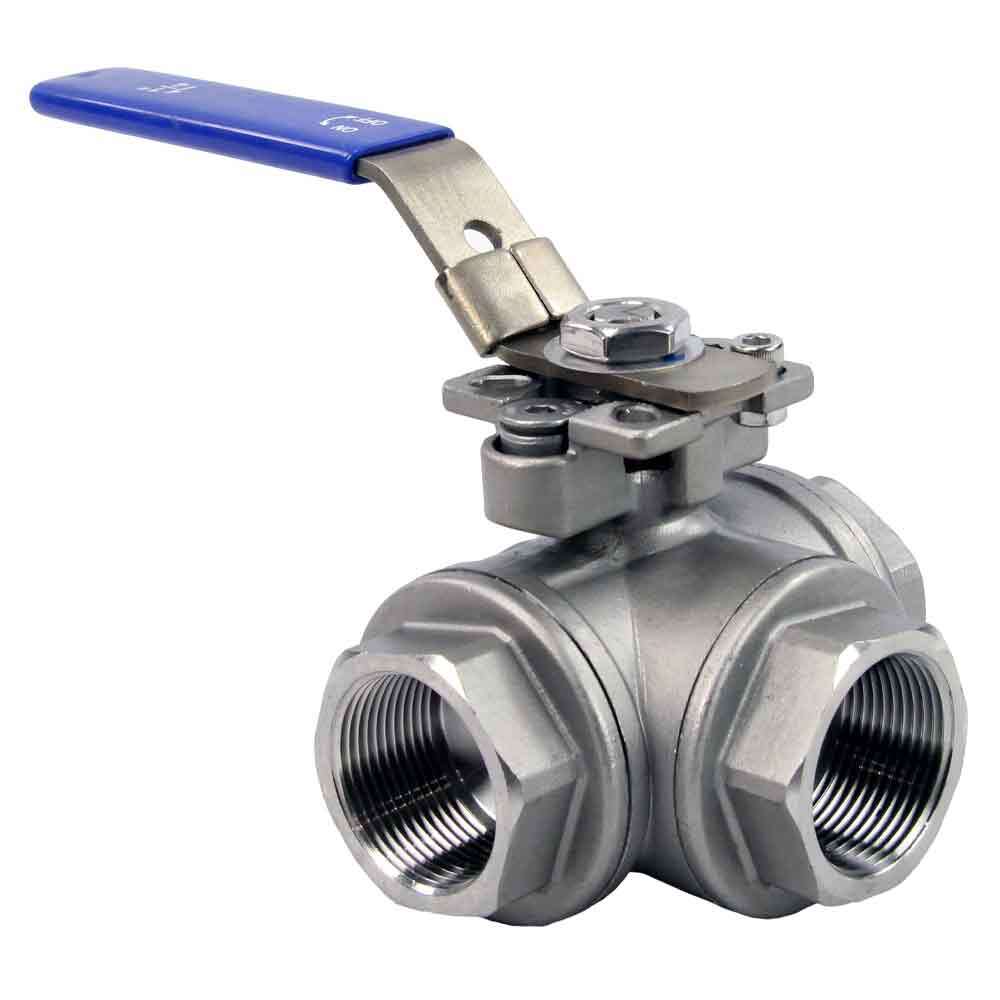 Vanne à boisseau sphérique en acier inoxydable à 3 voies Filetage NPT/BSP Type T Port standard Elephant RP.SS316.200.MM 986 psi avec support de montage et poignée ISO 5211