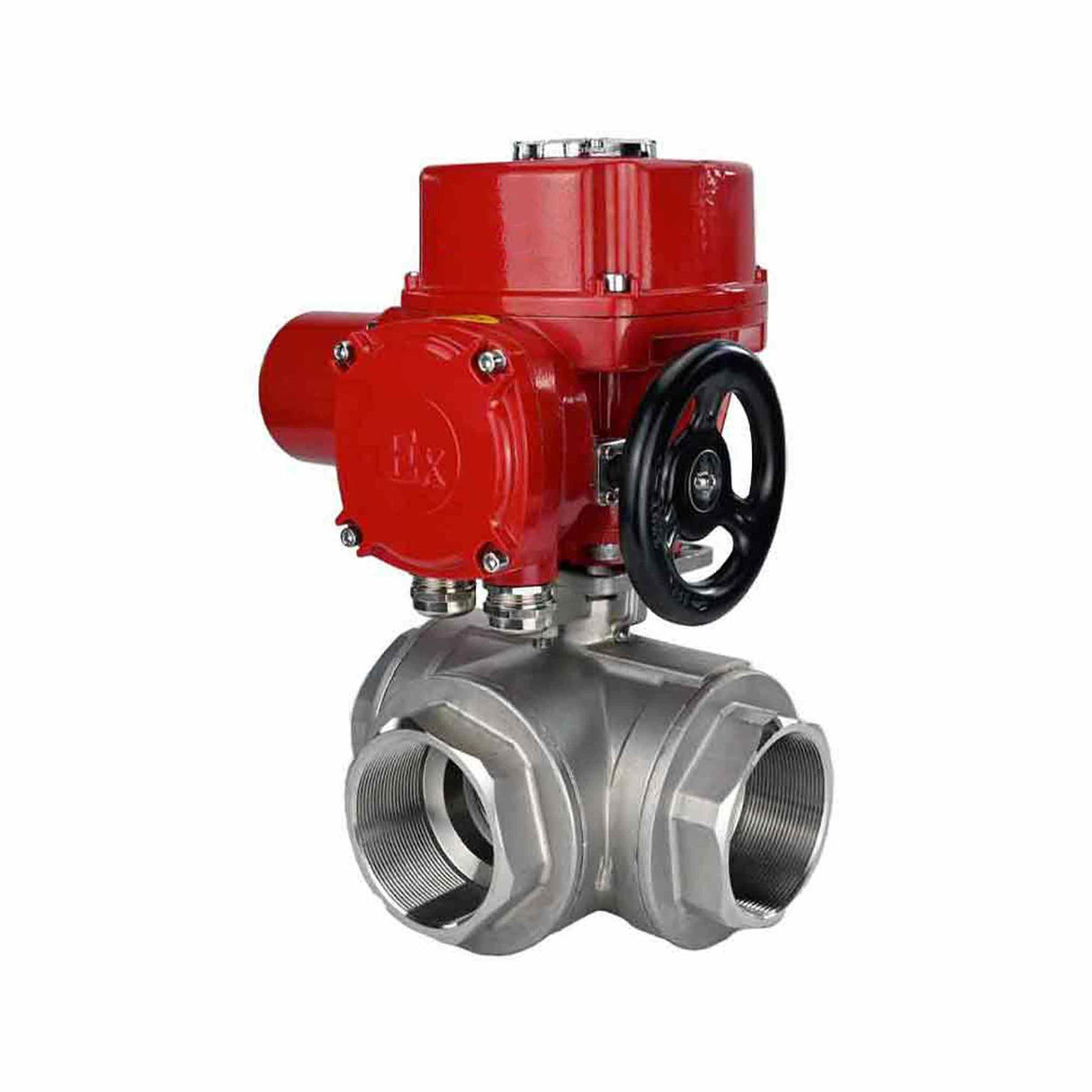 Robinet à boisseau sphérique en acier inoxydable Elephant RP.SS316.200.MM.ISO 914 PSI fileté, port standard, trois voies, type L, matériau du corps - acier inoxydable AISI 316, avec actionneur électrique quart de tour Elephant QT-W (M) EX 380V