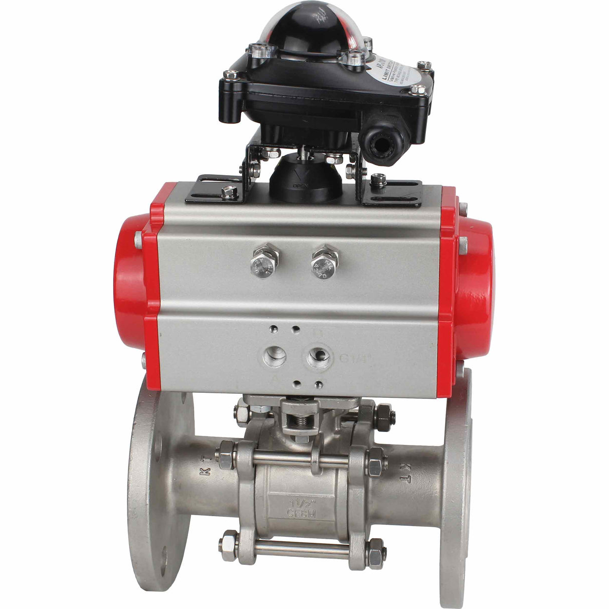 Robinet à boisseau sphérique en acier inoxydable Elephant ksfpt-304-180-sa-apl210n, matériau du corps - acier inoxydable AISI 304, matériau de la bille - acier inoxydable AISI 304, joint - PTFE, actionné par actionneur pneumatique