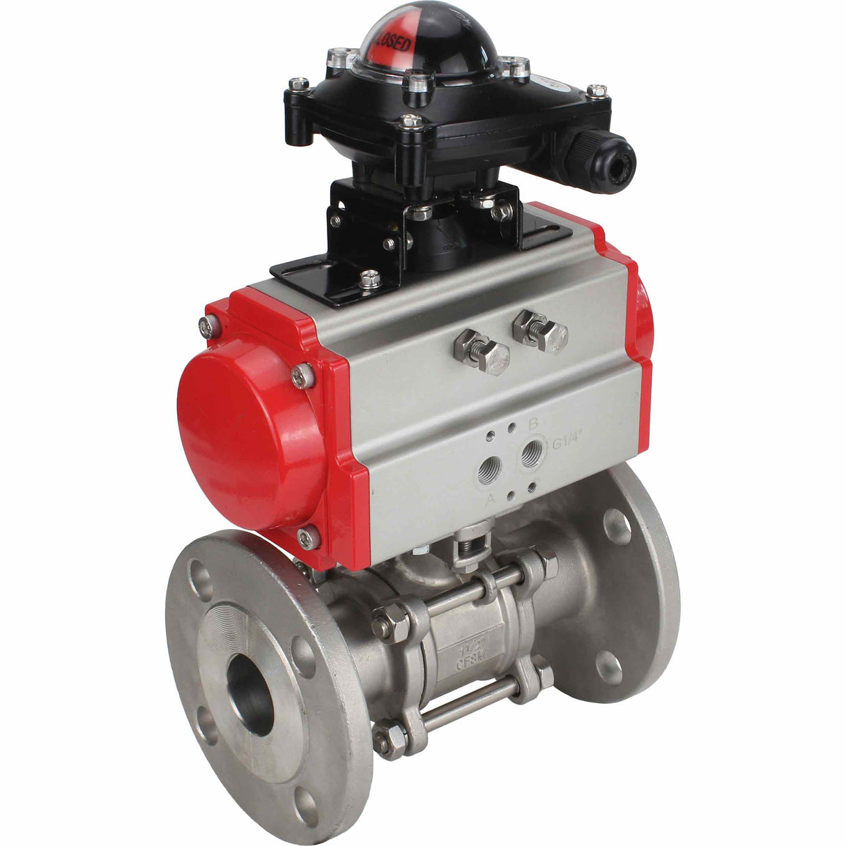 Robinet à boisseau sphérique en acier inoxydable Elephant ksfpt-304-180-sa-apl210n, matériau du corps - acier inoxydable AISI 304, matériau de la bille - acier inoxydable AISI 304, joint - PTFE, actionné par actionneur pneumatique