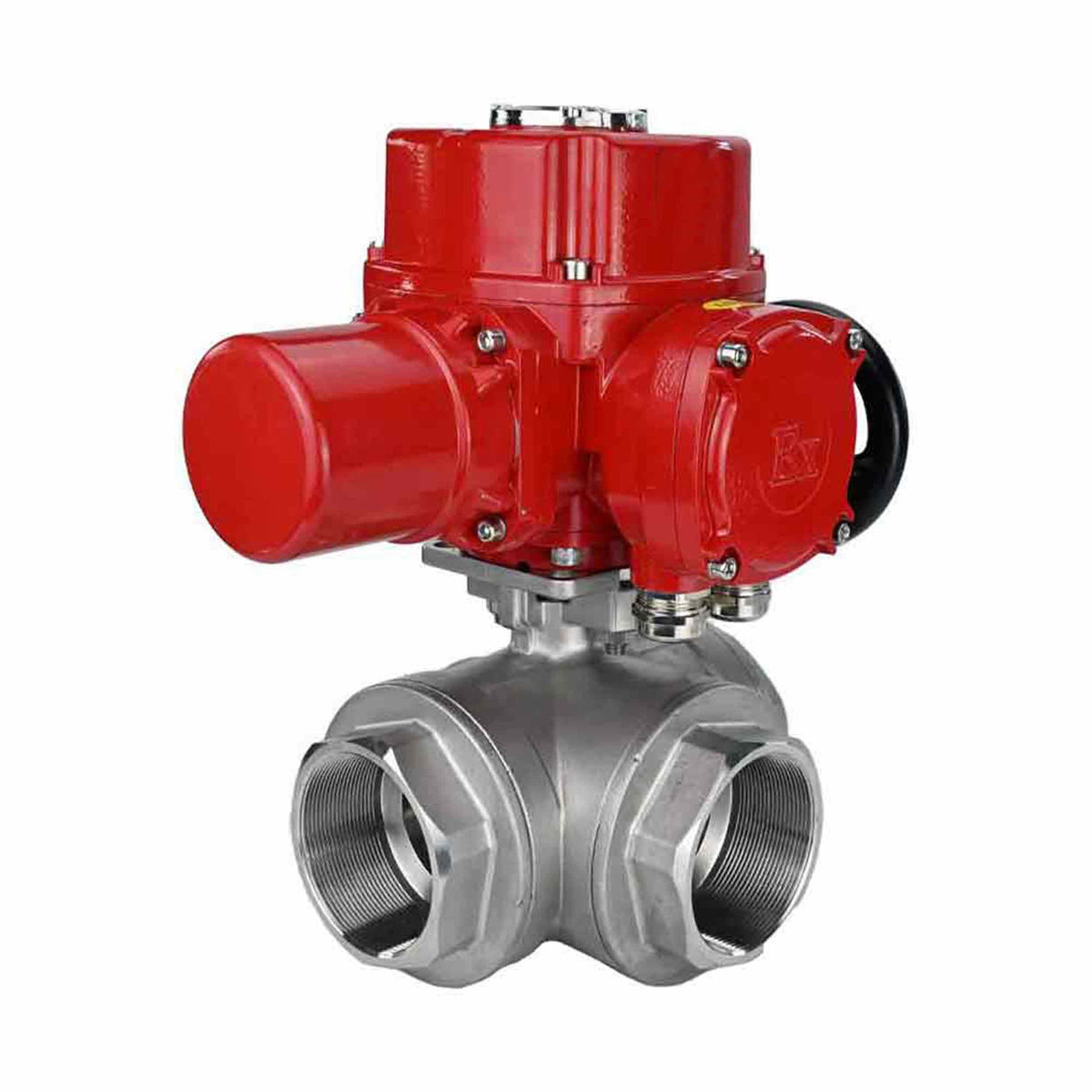Robinet à boisseau sphérique en acier inoxydable Elephant RP.SS316.200.MM.ISO 914 PSI fileté, port standard, trois voies, type L, matériau du corps - acier inoxydable AISI 316, avec actionneur électrique quart de tour Elephant QT-W (M) EX 380V