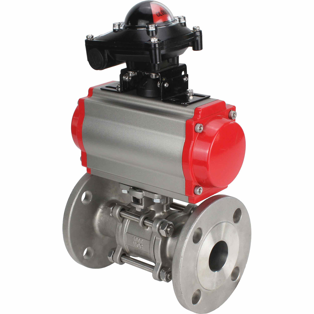 Robinet à boisseau sphérique en acier inoxydable Elephant ksfpt-304-180-sa-apl210n, matériau du corps - acier inoxydable AISI 304, matériau de la bille - acier inoxydable AISI 304, joint - PTFE, actionné par actionneur pneumatique