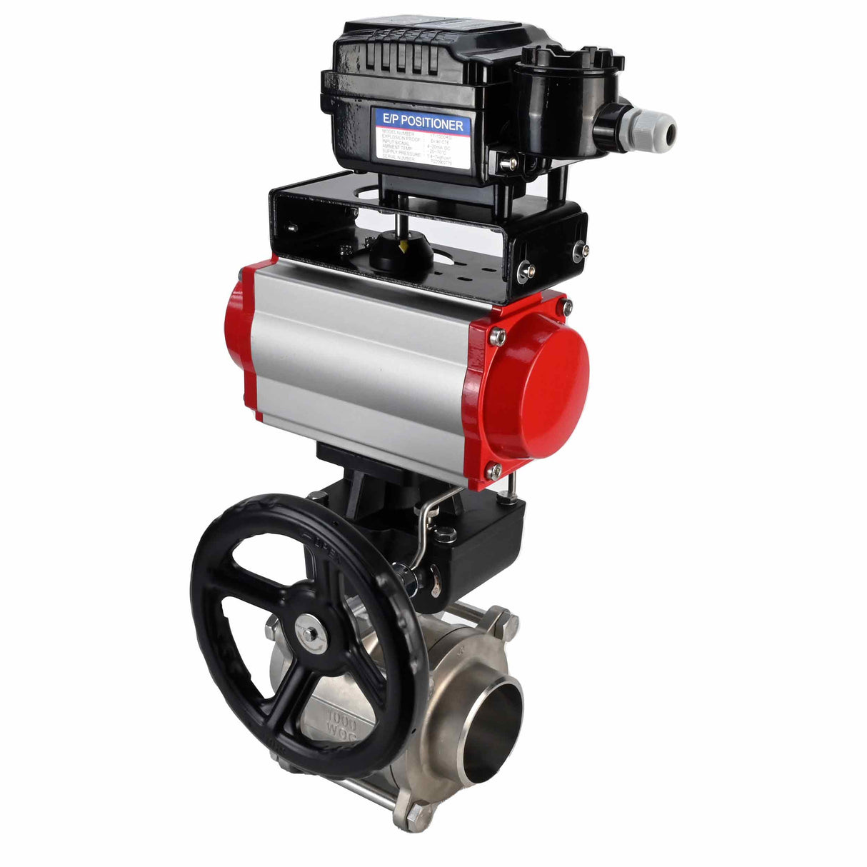 Robinet à boisseau sphérique en acier inoxydable Elephant kshpp-316200-da-yt1000rsn-hdm, matériau du corps - acier inoxydable AISI 316, matériau de la bille - acier inoxydable AISI 316, joint - PTFE, actionné par actionneur pneumatique