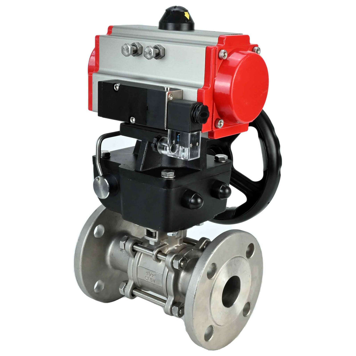Robinet à boisseau sphérique en acier inoxydable Elephant ksfpt-316-180-da-4m310-110/220v-hdm, matériau du corps - acier inoxydable AISI 316, matériau de la bille - acier inoxydable AISI 316, joint - PTFE, actionné par actionneur pneumatique