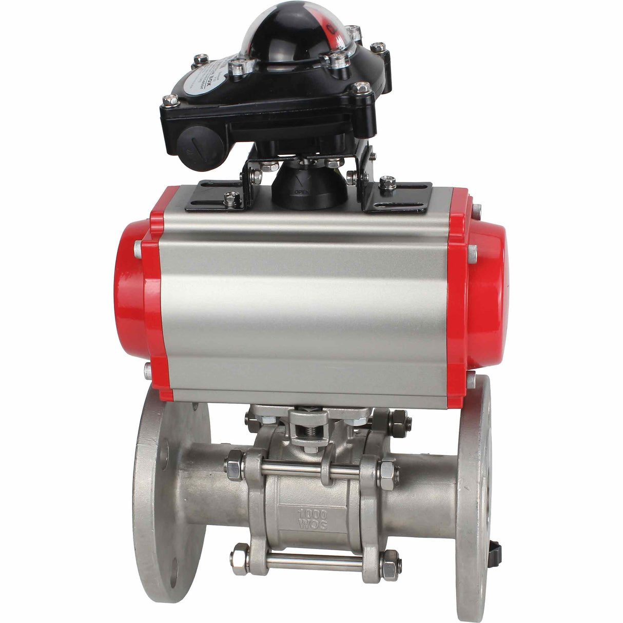 Robinet à boisseau sphérique en acier inoxydable Elephant ksfpt-304-180-sa-apl210n, matériau du corps - acier inoxydable AISI 304, matériau de la bille - acier inoxydable AISI 304, joint - PTFE, actionné par actionneur pneumatique