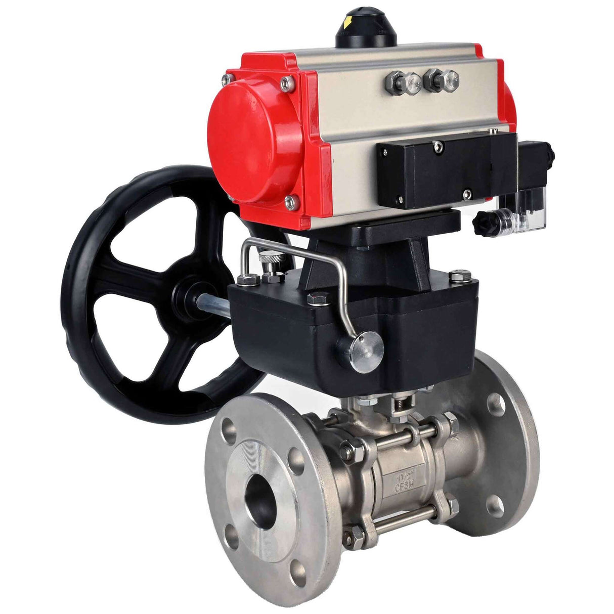 Robinet à boisseau sphérique en acier inoxydable Elephant ksfpt-316-180-da-4m310-110/220v-hdm, matériau du corps - acier inoxydable AISI 316, matériau de la bille - acier inoxydable AISI 316, joint - PTFE, actionné par actionneur pneumatique