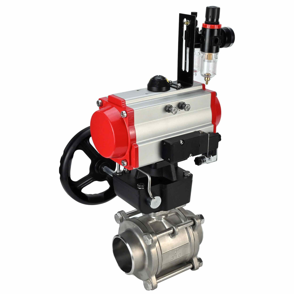 Robinet à boisseau sphérique en acier inoxydable Elephant kshpp-316200-da-4m310-110/220-hdm-bpv, matériau du corps - acier inoxydable AISI 316, matériau de la bille - acier inoxydable AISI 316, joint - PTFE, actionné par actionneur pneumatique