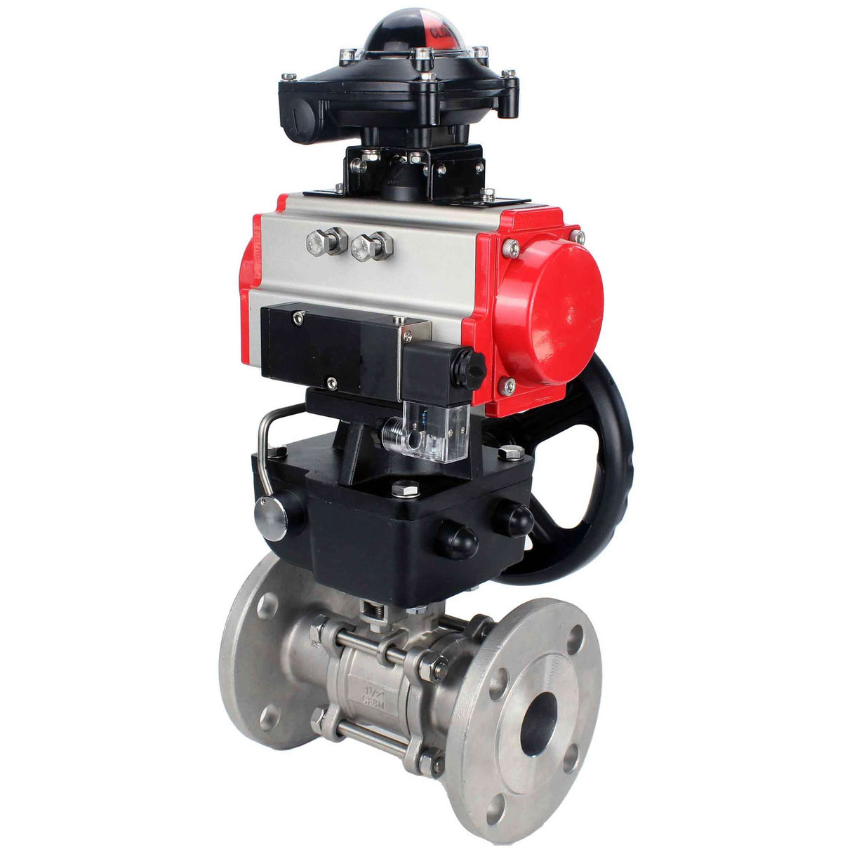 Robinet à boisseau sphérique en acier inoxydable Elephant ksfpt-316-180-da-4m310-24v-apl210n-hdm, matériau du corps - acier inoxydable AISI 316, matériau de la bille - acier inoxydable AISI 316, joint - PTFE, actionné par actionneur pneumatique