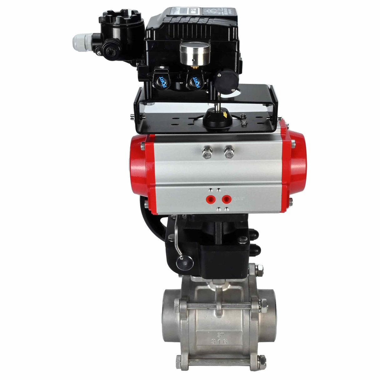 Robinet à boisseau sphérique en acier inoxydable Elephant kshpp-316200-da-yt1000rsn-hdm, matériau du corps - acier inoxydable AISI 316, matériau de la bille - acier inoxydable AISI 316, joint - PTFE, actionné par actionneur pneumatique