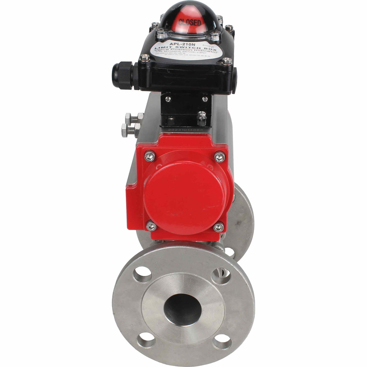 Robinet à boisseau sphérique en acier inoxydable Elephant ksfpt-304-180-sa-apl210n, matériau du corps - acier inoxydable AISI 304, matériau de la bille - acier inoxydable AISI 304, joint - PTFE, actionné par actionneur pneumatique