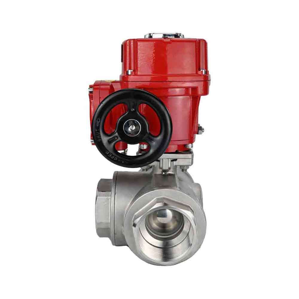 Robinet à boisseau sphérique en acier inoxydable Elephant RP.SS316.200.MM.ISO 914 PSI fileté, port standard, trois voies, type L, matériau du corps - acier inoxydable AISI 316, avec actionneur électrique quart de tour Elephant QT-W (M) EX 220V