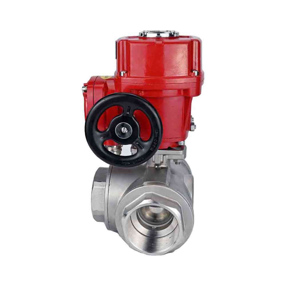 Robinet à boisseau sphérique en acier inoxydable Elephant RP.SS316.200.MM.ISO 914 PSI fileté, port standard, trois voies, type L, matériau du corps - acier inoxydable AISI 316, avec actionneur électrique quart de tour Elephant QT-W (M) EX 380V