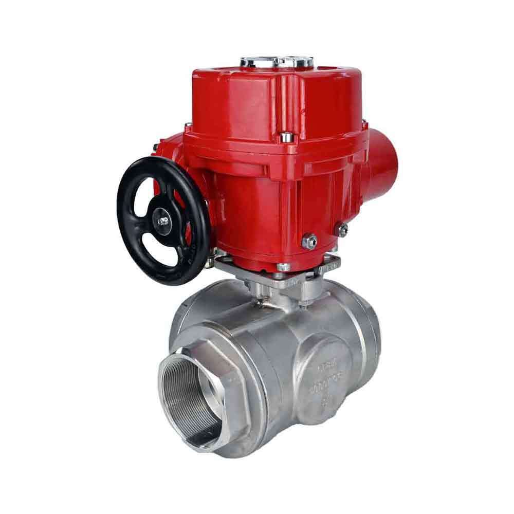 Robinet à boisseau sphérique en acier inoxydable Elephant RP.SS316.200.MM.ISO 914 PSI fileté, port standard, trois voies, type L, matériau du corps - acier inoxydable AISI 316, avec actionneur électrique quart de tour Elephant QT-W (M) EX 380V