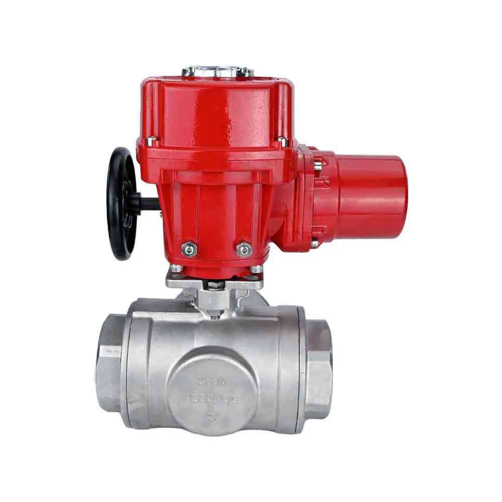 Robinet à boisseau sphérique en acier inoxydable Elephant RP.SS316.200.MM.ISO 914 PSI fileté, port standard, trois voies, type L, matériau du corps - acier inoxydable AISI 316, avec actionneur électrique quart de tour Elephant QT-W (M) EX 380V