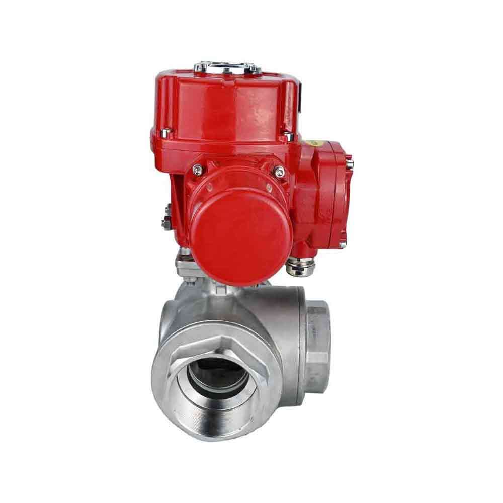 Robinet à boisseau sphérique en acier inoxydable Elephant RP.SS316.200.MM.ISO 914 PSI fileté, port standard, trois voies, type L, matériau du corps - acier inoxydable AISI 316, avec actionneur électrique quart de tour Elephant QT-W (M) EX 380V