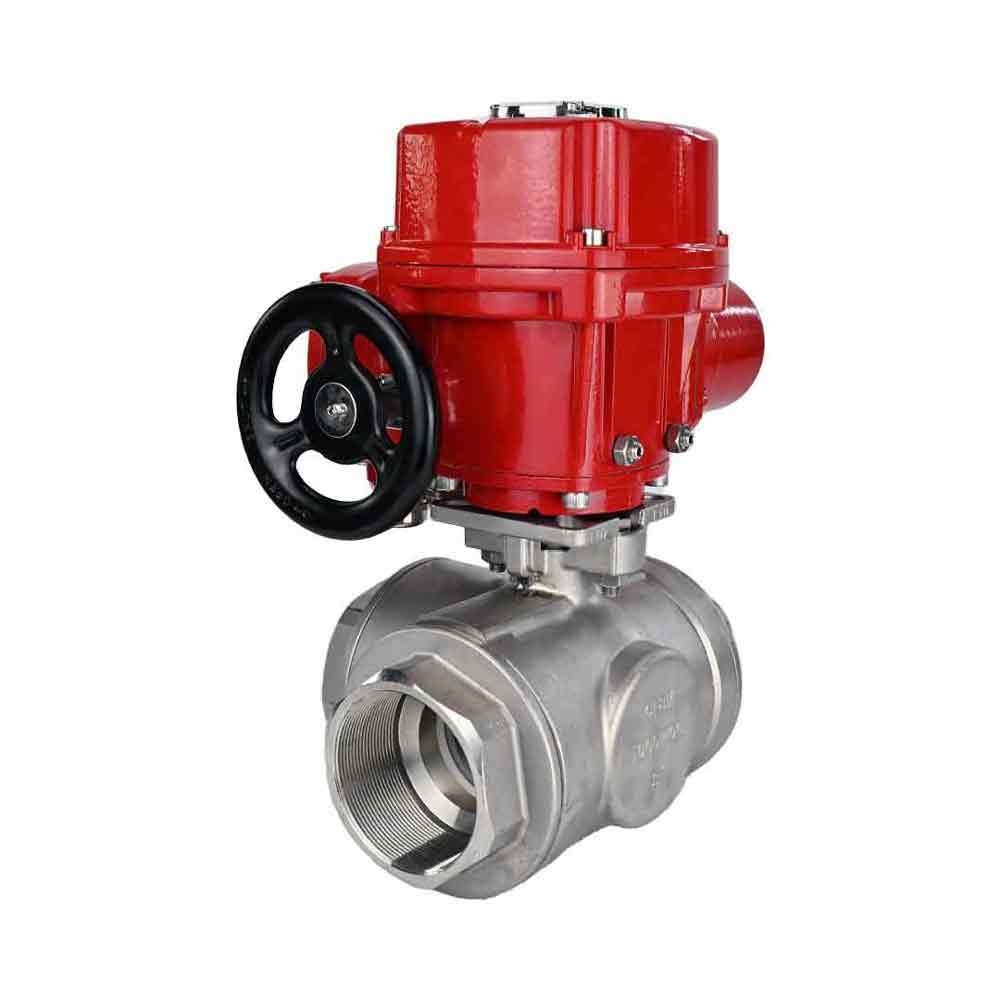 Robinet à boisseau sphérique en acier inoxydable Elephant RP.SS316.200.MM.ISO 914 PSI fileté, port standard, trois voies, type L, matériau du corps - acier inoxydable AISI 316, avec actionneur électrique quart de tour Elephant QT-W (M) EX 220V